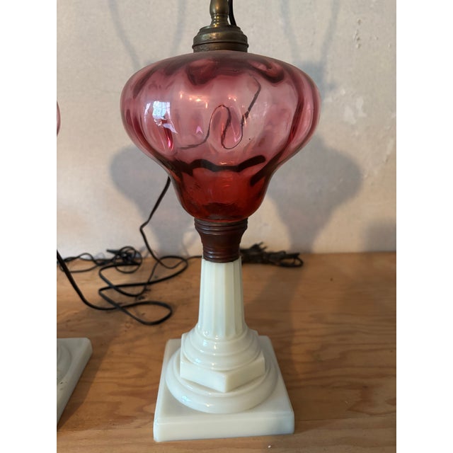 Pair of 19th Century Milk Glass Base Electrified Oil Lamps For Sale - Image 9 of 9