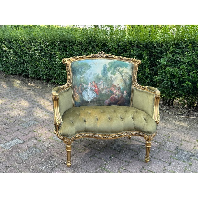1960s 1960s French Louis XVI Gold Beech Green Velvet Loveseat 1 Pc For Sale - Image 5 of 13