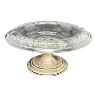Vintage Hawkes Floral Etched Crystal Sterling Silver Compote For Sale