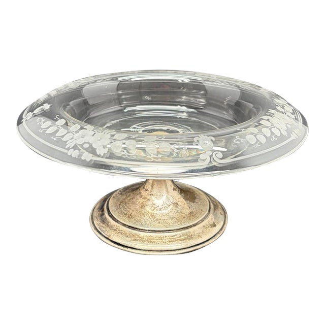 Vintage Hawkes Floral Etched Crystal Sterling Silver Compote For Sale