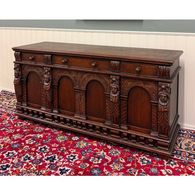 Antique English Renaissance Style Sideboard Server Entry Buffet Oak c.1930-40s For Sale - Image 4 of 18