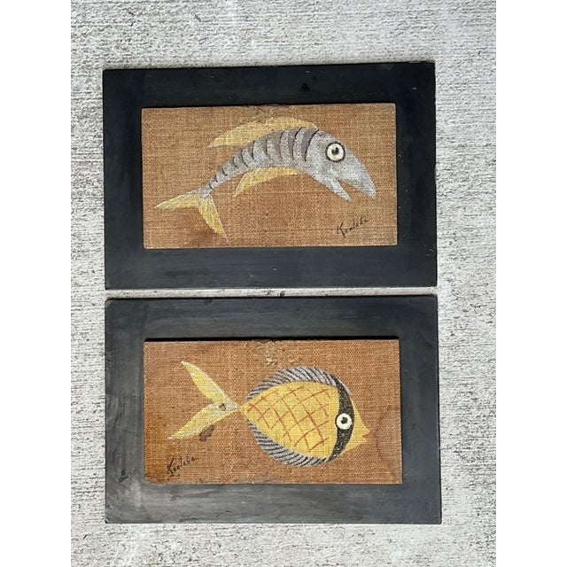 Mid 20th Century Vintage MCM Fish Motif Paintings on Burlap - Pair For Sale - Image 5 of 13