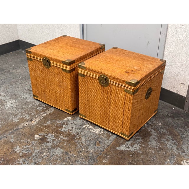 Brown Wicker Asian Campaign/Chinoiserie Hinged Chests, Pair For Sale - Image 8 of 12