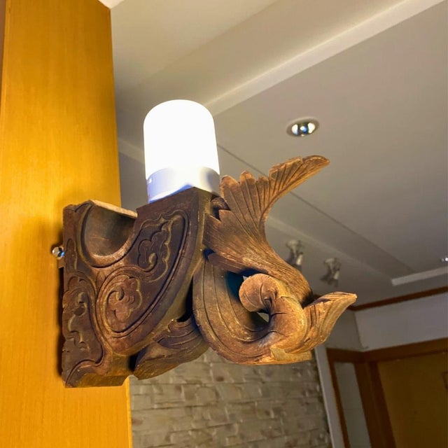 Brown c.1920 Chinese Carved Wood Corbel – Sculptural Wall Light With Led For Sale - Image 8 of 9