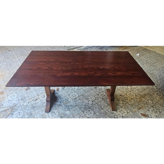 Wood Early American Style Stained Oak Trestle Dining Table For Sale - Image 7 of 10