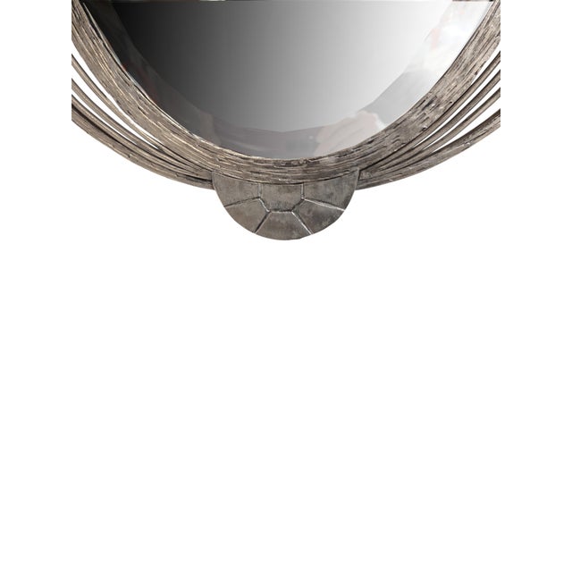 French Art Deco Hand Wrought Nickeled Iron Oval Mirror W/ Linear & Scroll Detail For Sale - Image 14 of 16