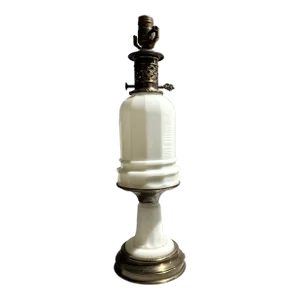 1940s Paul Hansen Opaline Milk Glass Ormolu White Table Lamp, Pierced, Lattice Bronze