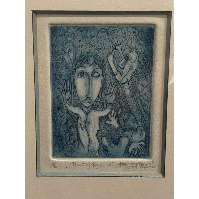 "Heart of the World II" (1988), lithograph numbered 11/30, dated and signed by John Anthony Miller, unfolds a tense,...