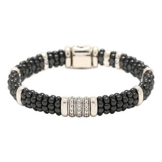 Lagos Caviar .28ctw Diamond & Black Ceramic Bead Bracelet, Sterling Silver For Sale