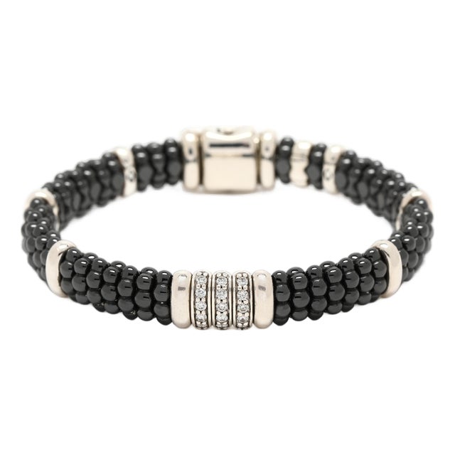 Lagos Caviar .28ctw Diamond & Black Ceramic Bead Bracelet, Sterling Silver For Sale