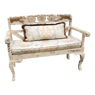Vintage French Country Distressed Cream Painted Carved Wood Settee With Custom Toile Cushion For Sale