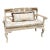 Vintage French Country Distressed Cream Painted Carved Wood Settee With Custom Toile Cushion For Sale