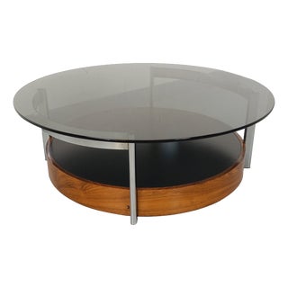 Vintage Italian Round Coffee Table in Teak, Chrome Metal and Smoked Glass, 1960s For Sale