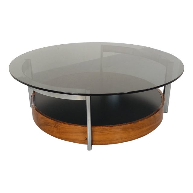 Vintage Italian Round Coffee Table in Teak, Chrome Metal and Smoked Glass, 1960s For Sale