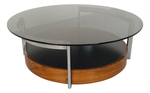 Vintage Italian Round Coffee Table in Teak, Chrome Metal and Smoked Glass, 1960s