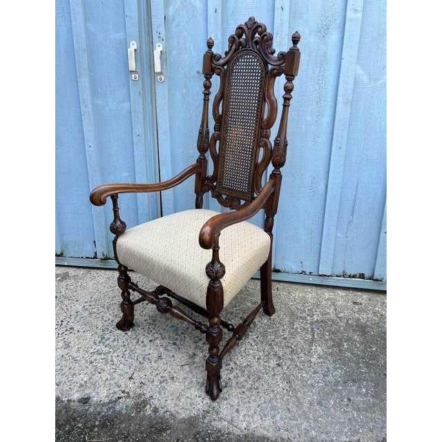 Early 20th Century Early 20th Century Antique Renaissance Revival Carved Gothic Cane Back Spanish Feet Throne Armchair For Sale - Image 5 of 10