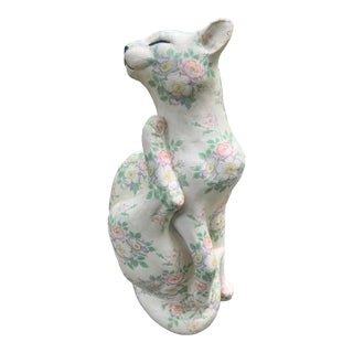 Large Ceramic Cat With Floral Motif For Sale
