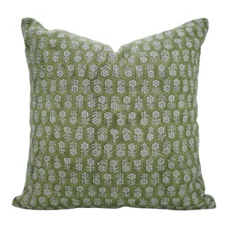 Fabdivine Handmade Block Print Floral Design Olive GreenTulsi Buti Printed Thick Linen Pillow Cover 24x24 Inches For Sale