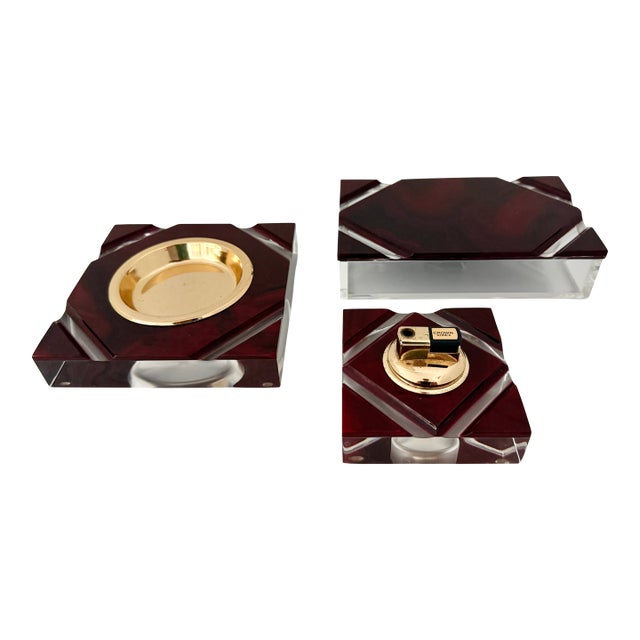 Faux Wood & Clear Lucite Italian Smoker Set From 70’s For Sale