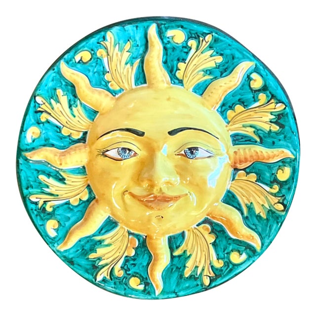 Vintage Italian Glazed Ceramic Sun Plaque For Sale
