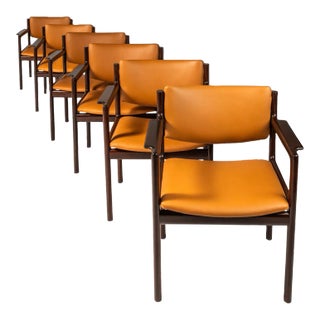 Set of 6 Danish Modern Arm Chairs in Solid Mahogany & Caramel Leather by Danish Overseas Imports, 1960s For Sale