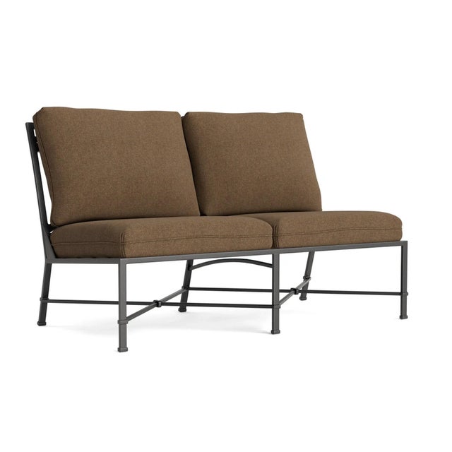 Brown Jordan Venetian Armless Loveseat, Textured Pewter frame with Fusion Moccasian fabric For Sale - Image 12 of 12