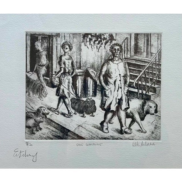 French Original Black & White Etching of Dog Walkers on a City Street Entitled “Dog Walking” For Sale - Image 3 of 7