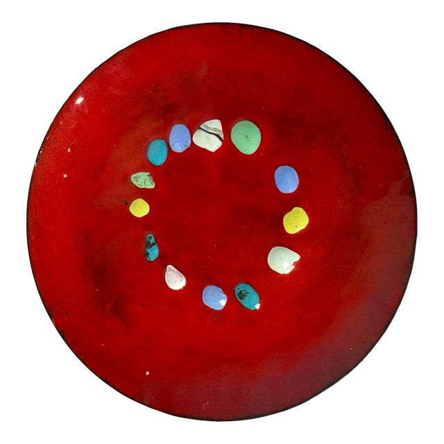 Vintage Organic Modern Red Enamel Copper Backed Decorative Plate For Sale
