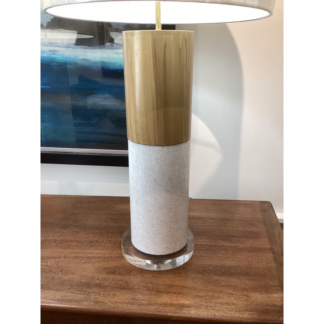 Mid-Century Modern Late 20th Century Mid Century Modern Style Stone Lamps With Lucite Bases and Linen Drums - a Pair For Sale - Image 3 of 4