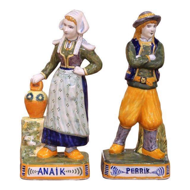 19th Century French Quimper Faience Perrik and Anaik Breton Figures For Sale
