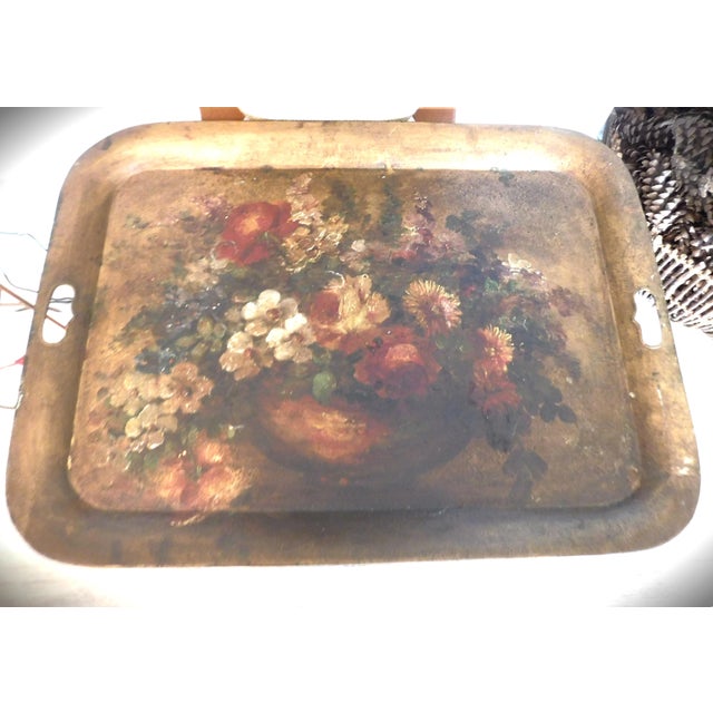 Antique Hand-Painted French Floral Large Tole Tray For Sale - Image 10 of 12