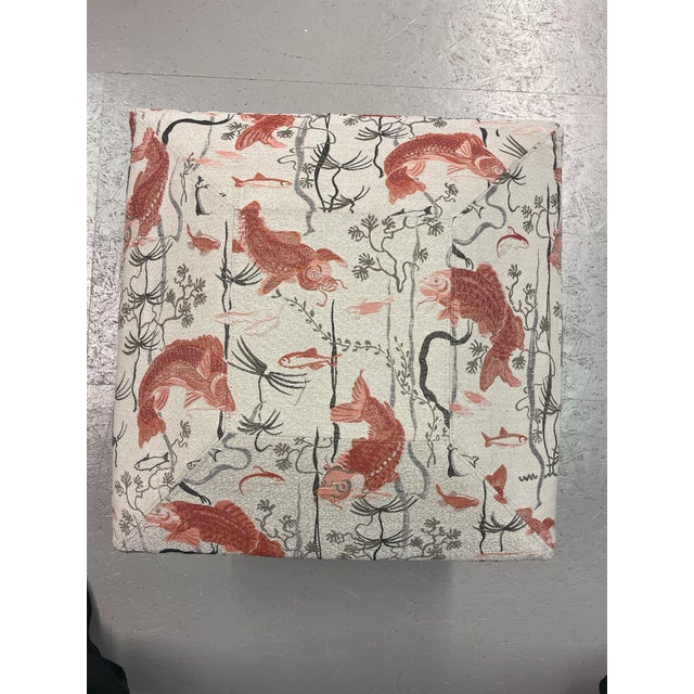 Pouf with Fish-Patterned Square Pillow and Iron Legs For Sale - Image 4 of 13