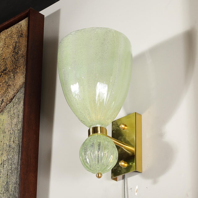 Metal Pair of Modernist Pale Jade Hand-Blown Murano Glass Sconces W/ Brass Fitting For Sale - Image 7 of 12