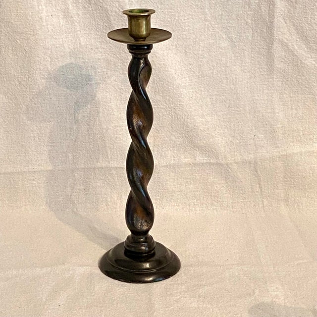 English English Barley Twists Wood & Brass Holder Candle Sticks-Set of 2 For Sale - Image 3 of 11