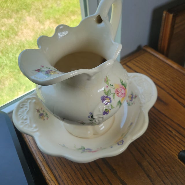 VTG 1930s British Ceramic Pitcher & Wash Basin Bowl Set Floral Rose Art Deco Era For Sale - Image 12 of 12