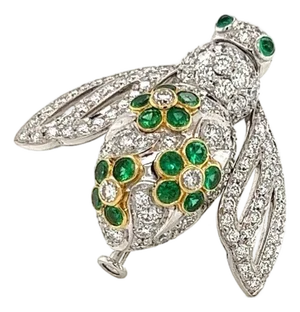 Sabbadini Diamond & Emerald 18k Gold Bee Pin Brooch