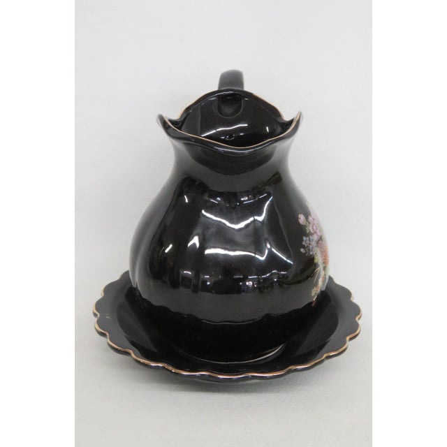 Mid 20th Century Ceramic Pitcher With Matching Underplate 2pc Set Black With Gold Gilt Trim 5029b For Sale - Image 5 of 12