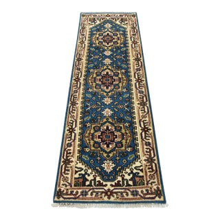 Heriz Runner 2’7” X 7’6” Blue Wool Tribal Hand-Knotted Oriental Rug For Sale