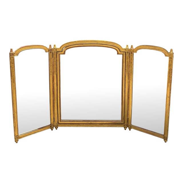 Antique Louis XVI Style Giltwood Tryptic Vanity Table Mirror For Sale