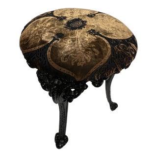 Early 20th Century Cast Iron Claw Leg Vanity Stool With Burnt Velvet Upholstery For Sale