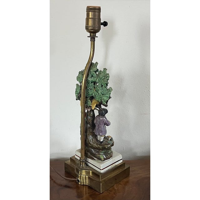 Antique Early 19th Century English Staffordshire Figure of a Georgian Couple With Dovecote Tree Mounted as a Table Lamp For Sale - Image 10 of 12