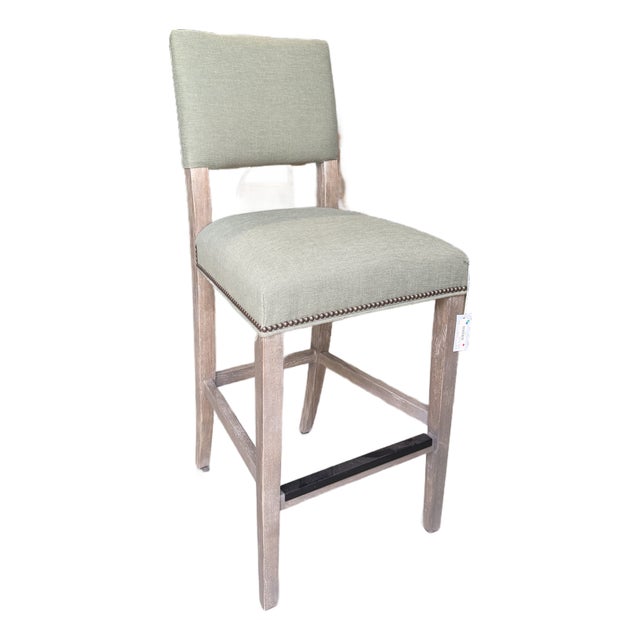Bernhardt Bar Stool With Light Wood Legs and Pale Green Fabric For Sale