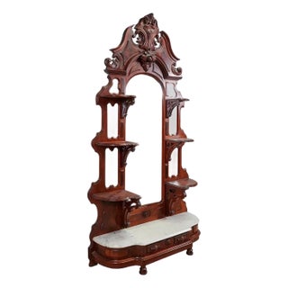 C 1890s Antique Monumental, Ren Revival, Burl Walnut, Marble 95” H, Etagere!! For Sale