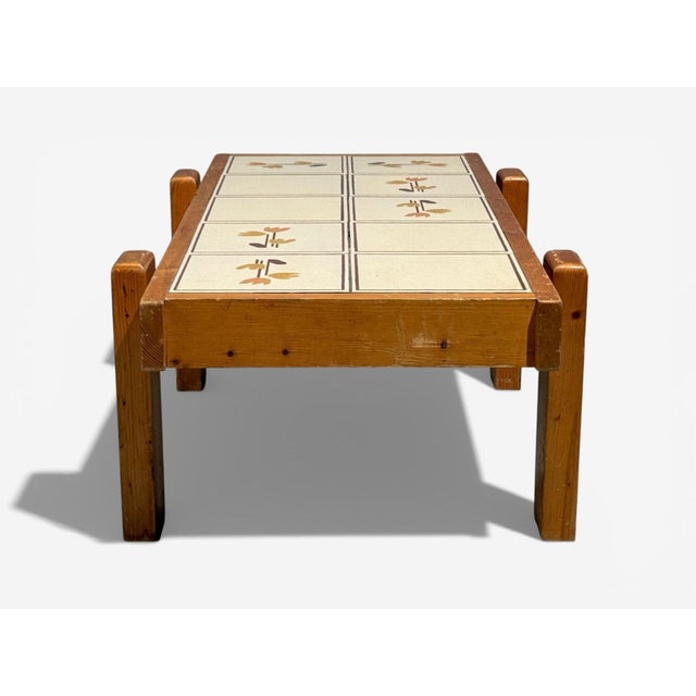 Wood French Modern, Coffee Table, Pine, Ceramic, France, 1970s For Sale - Image 7 of 7