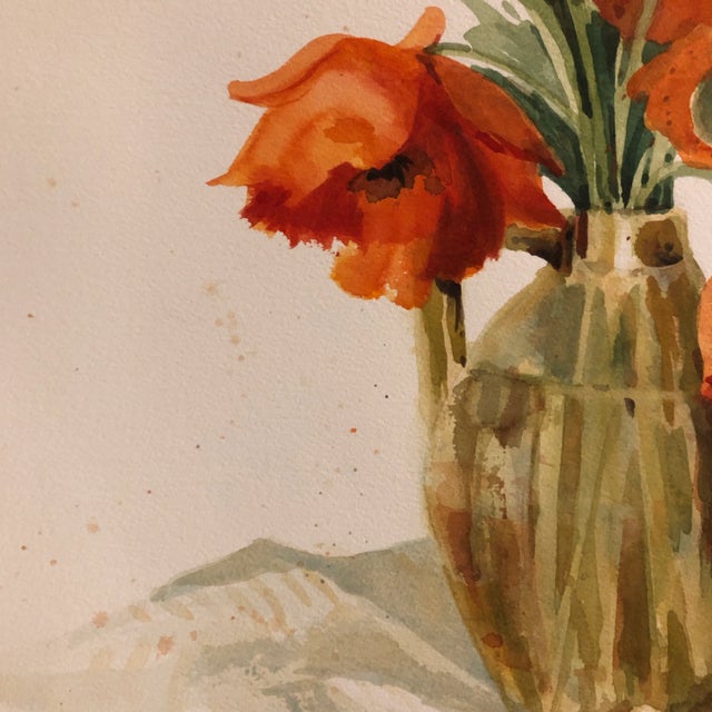1970s Original Vintage Watercolor Poppy Still Life Painting Signed 1970’s For Sale - Image 5 of 8