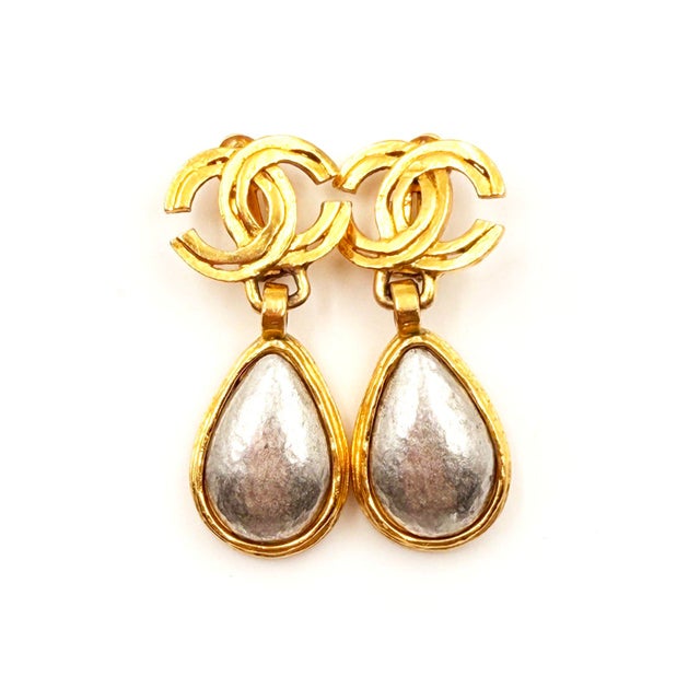 Chanel Vintage Gold Plated CC Silver Stone Tear Drop Dangle Clip on Earrings * Marked 97 * Made in France -It is...