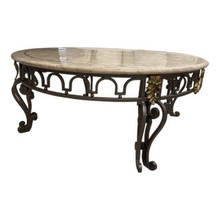 1990s Round Marble-Top Coffee Table With Ornate Wrought Iron Base For Sale