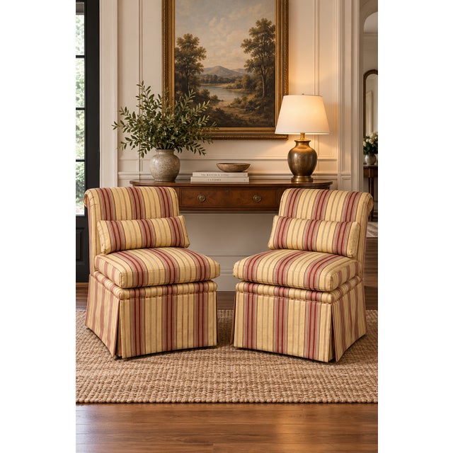 Pair of Upholstered Striped Slipper Chairs With Lumbar Pillows For Sale - Image 4 of 8