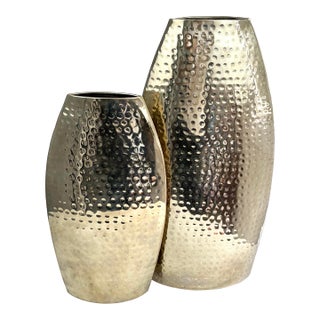 Late 20th Century Hammered Silver Finish Sculptural Metal Vases — Mid-Century Modern Style (Set of 2) For Sale