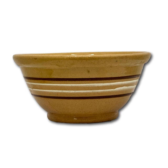 Nice Smaller 8 Inch Size Antique Thick - Heavy Brown & White Banded Yellow Ware Kitchen Batter Mixing Bowl - Late 1800s For Sale - Image 10 of 13